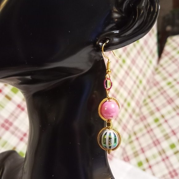 Steel Handmade Hand Crafted Pink & Rainbow Beaded Dangle Earrings Jewelry #52 - Picture 4 of 8